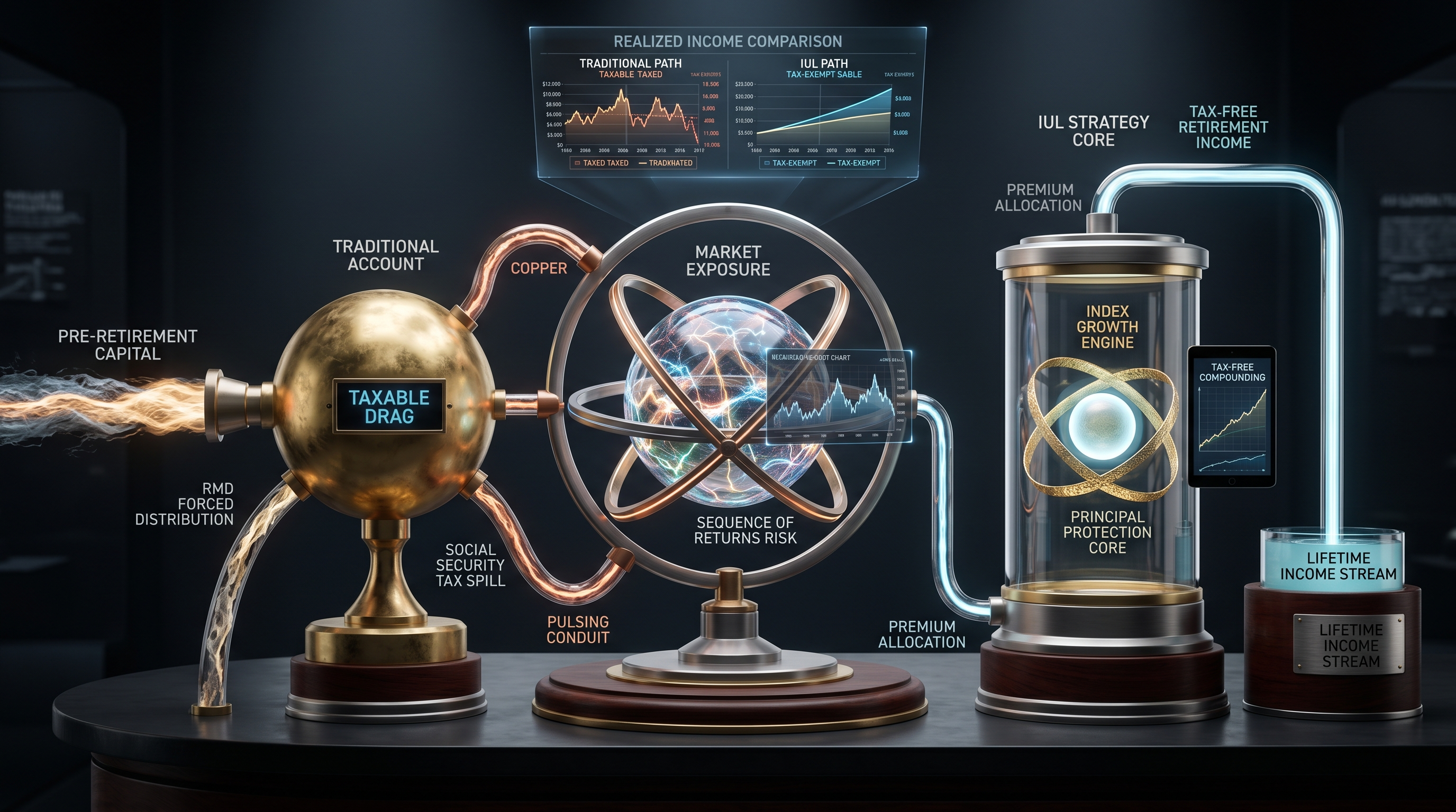 An intricate brass and crystal 'Retirement Security Orrery' exhibit illustrating financial planning. It depicts pre-retirement capital flowing into a 'Traditional Account' with 'Taxable Drag' and 'RMD Forced Distribution,' contrasting with an 'IUL Strategy Core' showing 'Index Growth Engine' and 'Principal Protection' for 'Tax-Free Retirement Income,' highlighting paths to optimal retirement income.