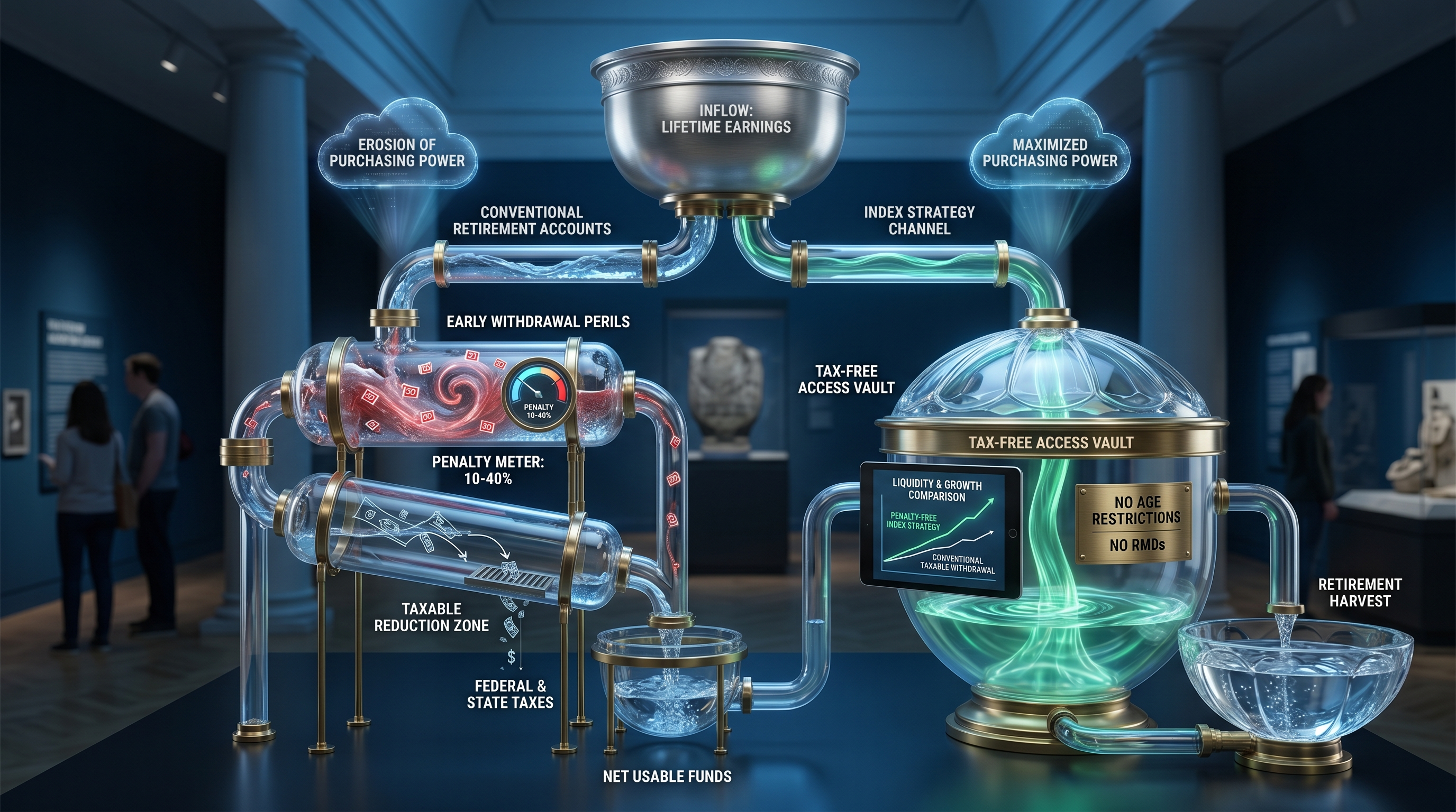 An infographic-style exhibit showcasing a 'Wealth Stream Diversion System' for retirement income. The apparatus visually compares conventional retirement accounts, depicted with 'Early Withdrawal Perils' and 'Taxable Reduction Zone' chambers, against an 'Index Strategy Channel' leading to a 'Tax-Free Access Vault' with 'No Age Restrictions' and 'No RMDs', culminating in a full 'Retirement Harvest' basin. It illustrates strategies for tax-free retirement income for high earners from Everence Wealth.