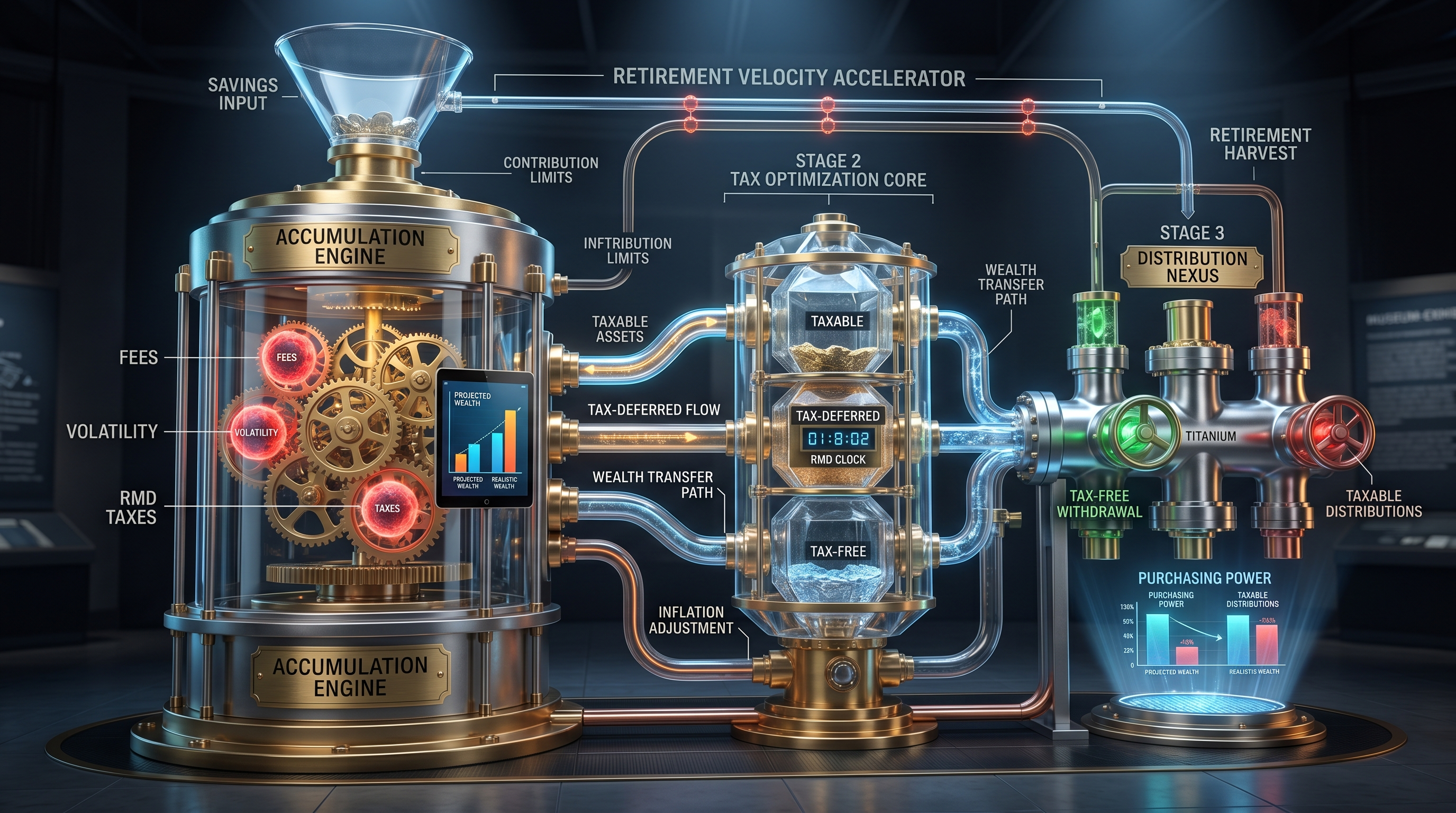 A detailed infographic-style exhibit showcasing a 'Retirement Velocity Accelerator,' illustrating financial planning and strategies for fixing retirement shortfalls. The multi-stage apparatus features gears for compounding growth, vessels for tax optimization (taxable, tax-deferred, tax-free), and distribution valves for tax-efficient withdrawals, explaining how Everence Wealth addresses 'FEES,' 'VOLATILITY,' and 'RMD TAXES' to maximize 'RETIREMENT HARVEST.'