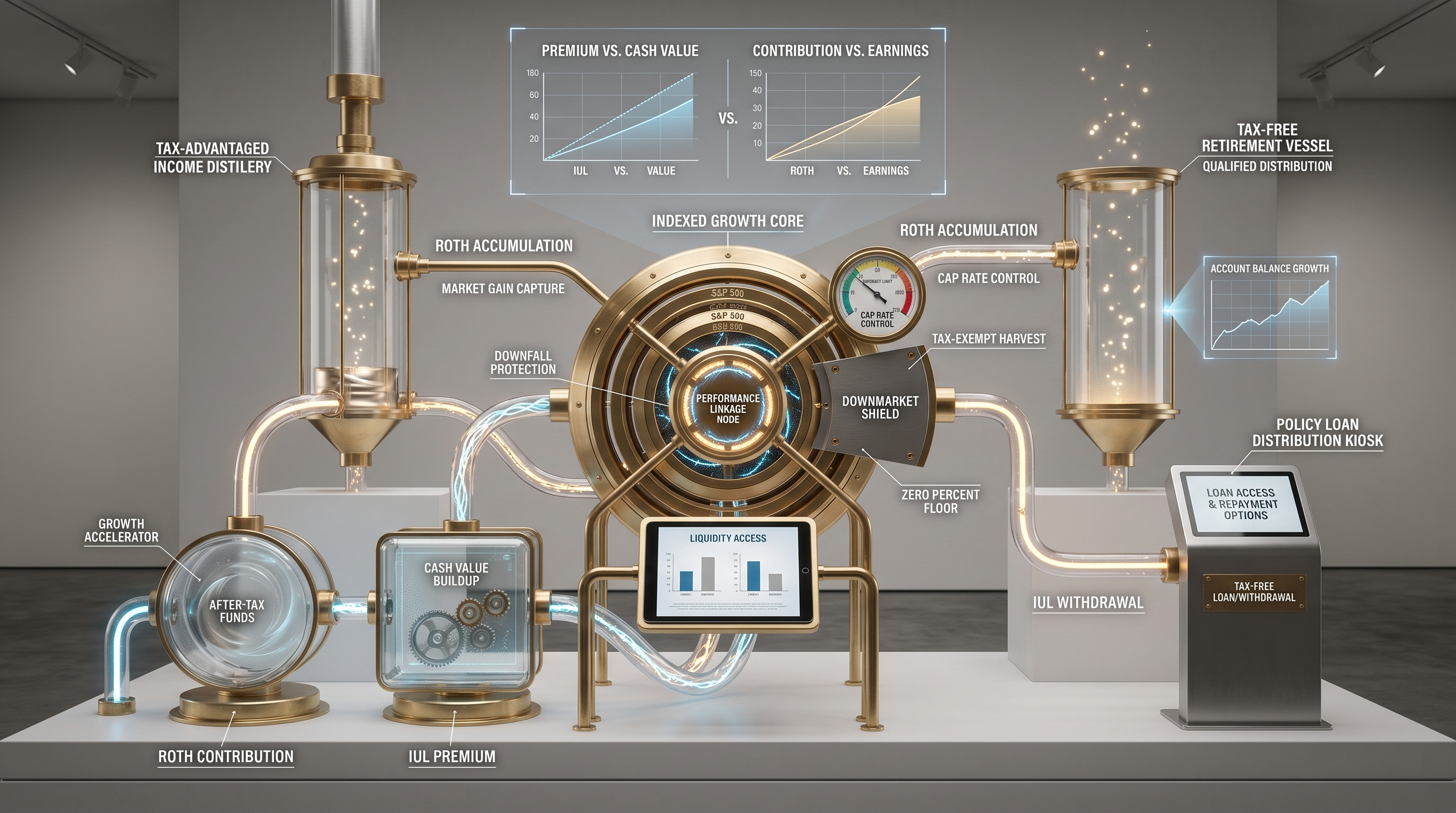 A detailed infographic-style exhibit showcasing a 'Tax-Advantaged Income Distillery' for retirement planning. It visualizes the growth and withdrawal mechanisms for Roth IRAs and Indexed Universal Life policies, featuring input conduits for contributions, an 'Indexed Growth Core' with market linkage and 'Downmarket Shield,' and distinct output pathways for 'Tax-Free Retirement Vessel' (Roth) and 'Policy Loan Distribution Kiosk' (IUL). This illustrates financial growth, protection, and tax-free income strategies.