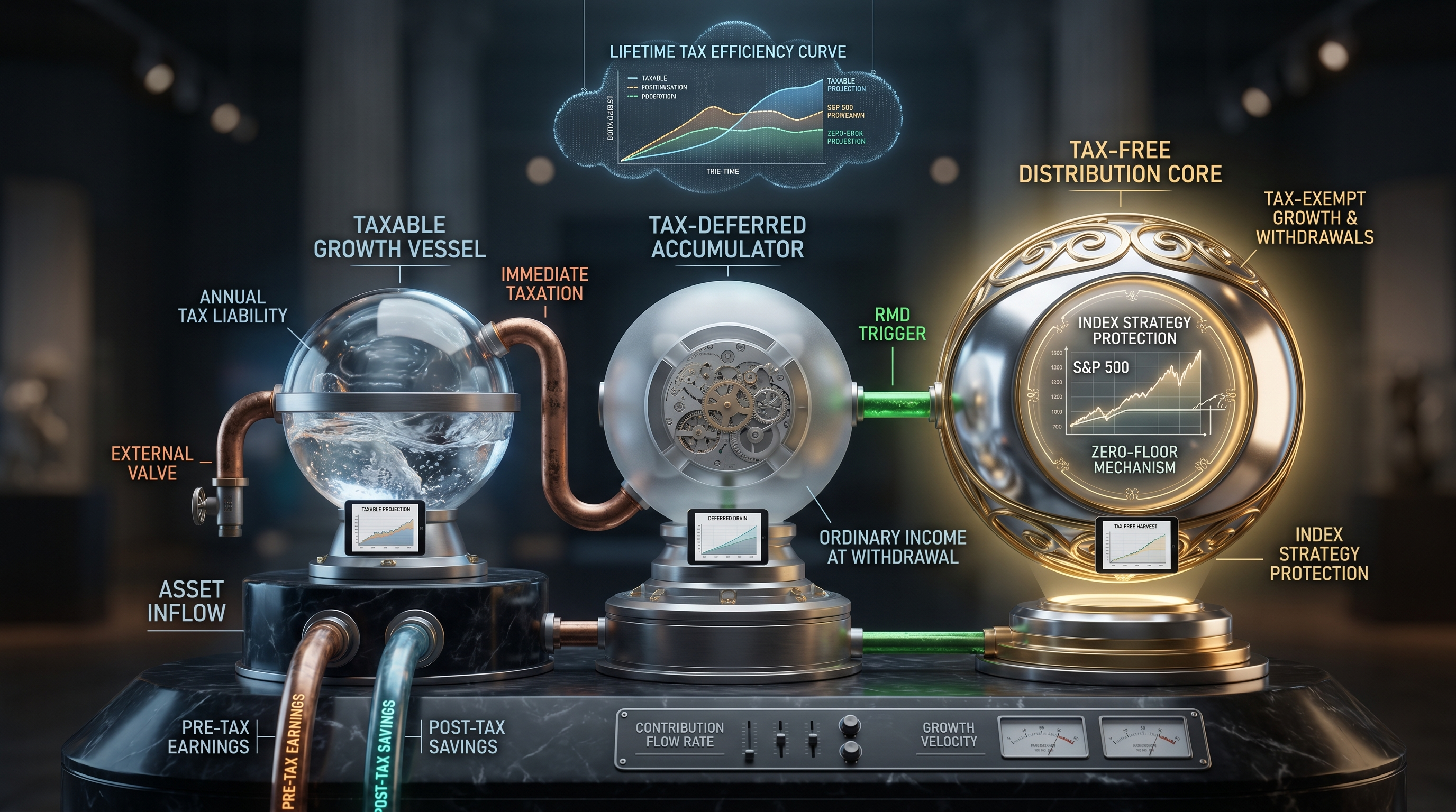 An intricate, glowing financial eco-engine illustrating the 'Three Tax Buckets Framework' for retirement income, contrasting 'TAXABLE GROWTH VESSEL,' 'TAX-DEFERRED ACCUMULATOR,' and the 'TAX-FREE DISTRIBUTION CORE' with 'INDEX STRATEGY PROTECTION.' This visual represents advanced tax-efficient financial planning strategies for corporate executives.