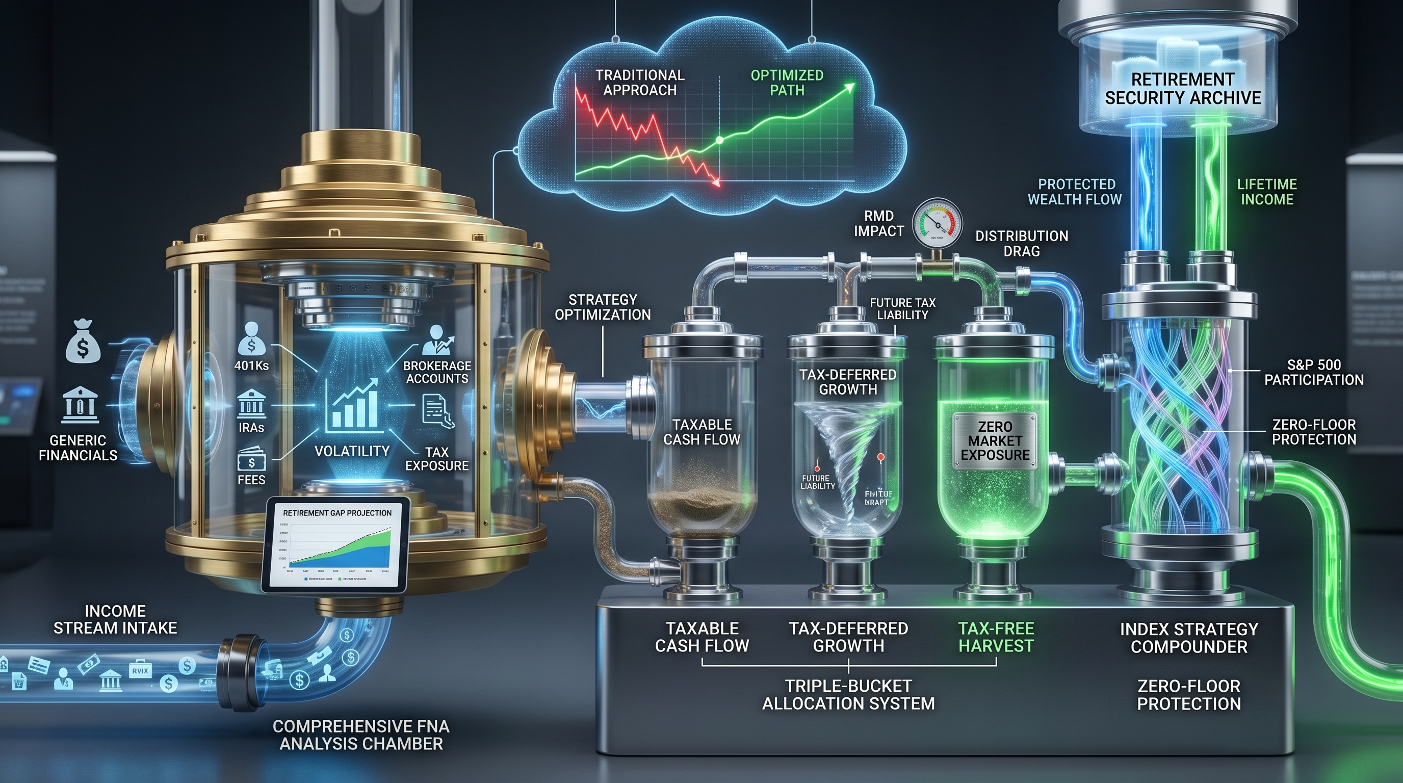 An intricate infographic-style exhibit showcasing the 'Tax-Free Retirement Income Catalyst,' a multi-stage apparatus for high earners. It illustrates the transformation of raw capital through financial analysis, a 'Triple-Bucket Allocation System' (Taxable, Tax-Deferred, Tax-Free), and an 'Index Strategy Compounder' to generate protected, tax-free retirement income and wealth for a secure financial future with Everence Wealth.