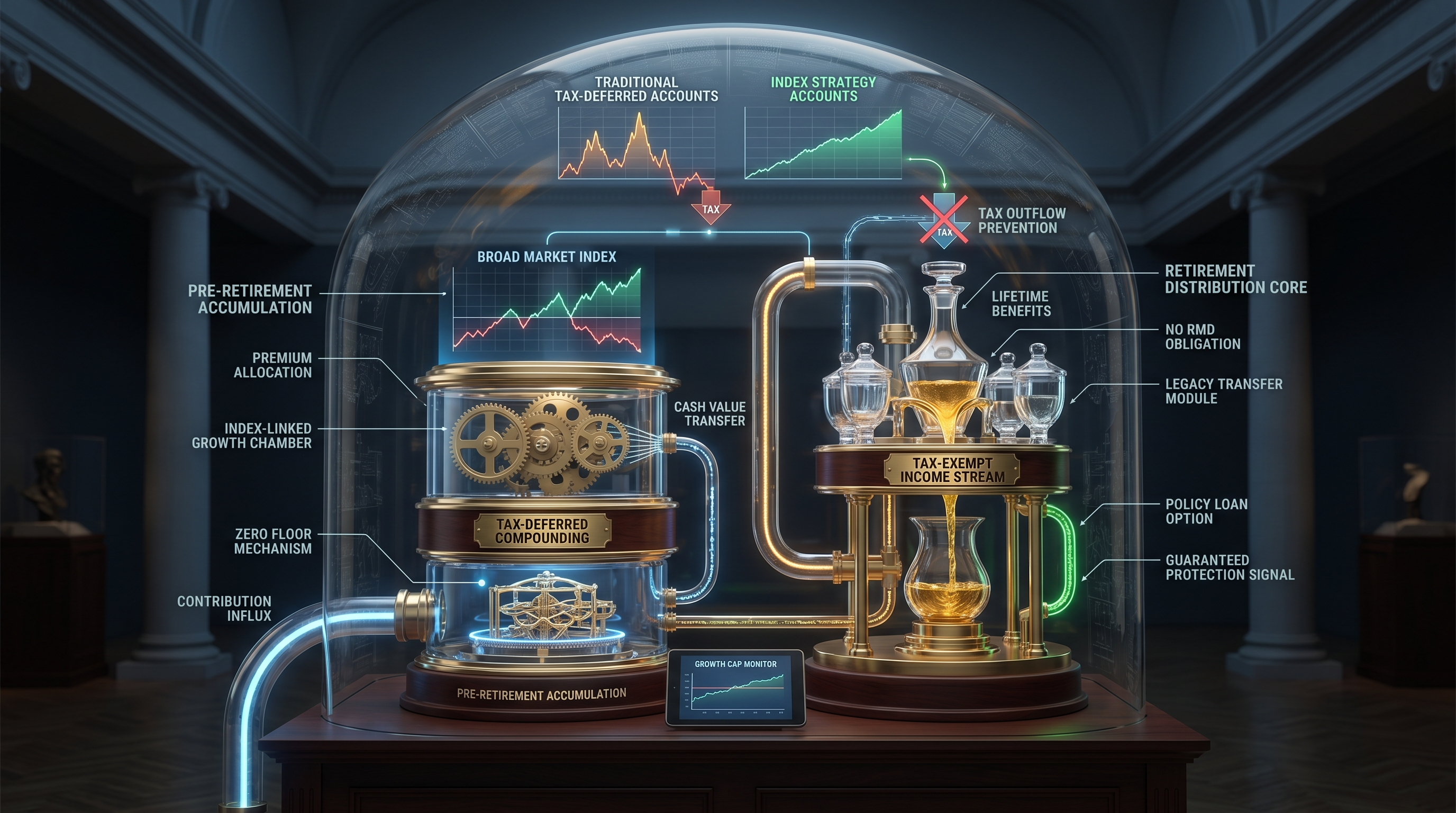 An intricate brass, crystal, and mahogany 'Tax-Optimized Growth & Distribution Engine' apparatus visualizing tax-efficient retirement strategies. It features 'PRE-RETIREMENT ACCUMULATION' crystal chambers with principal protection via a 'ZERO FLOOR MECHANISM' and 'INDEX-LINKED GROWTH CHAMBER' showing downside-protected market participation. A 'RETIREMENT DISTRIBUTION CORE' includes a 'TAX-EXEMPT INCOME STREAM' decanter, 'LIFETIME BENEFITS,' and 'NO RMD OBLIGATION' vessels, all interconnected by glowing data conduits like 'PREMIUM ALLOCATION' and 'POLICY LOAN OPTION.' This exhibit visually compares 'TRADITIONAL TAX-DEFERRED ACCOUNTS' with tax drains against 'INDEX STRATEGY ACCOUNTS' showing steady, tax-advantaged growth for high earners.
