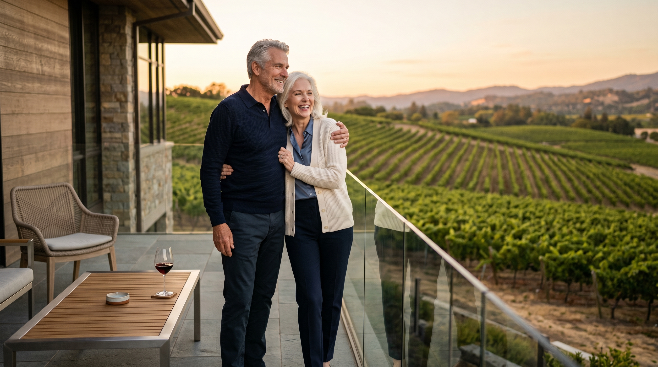 A content senior couple, in their 70s, enjoying a serene vineyard view from their upscale home patio at golden hour, symbolizing successful retirement planning and financial security with Everence Wealth.