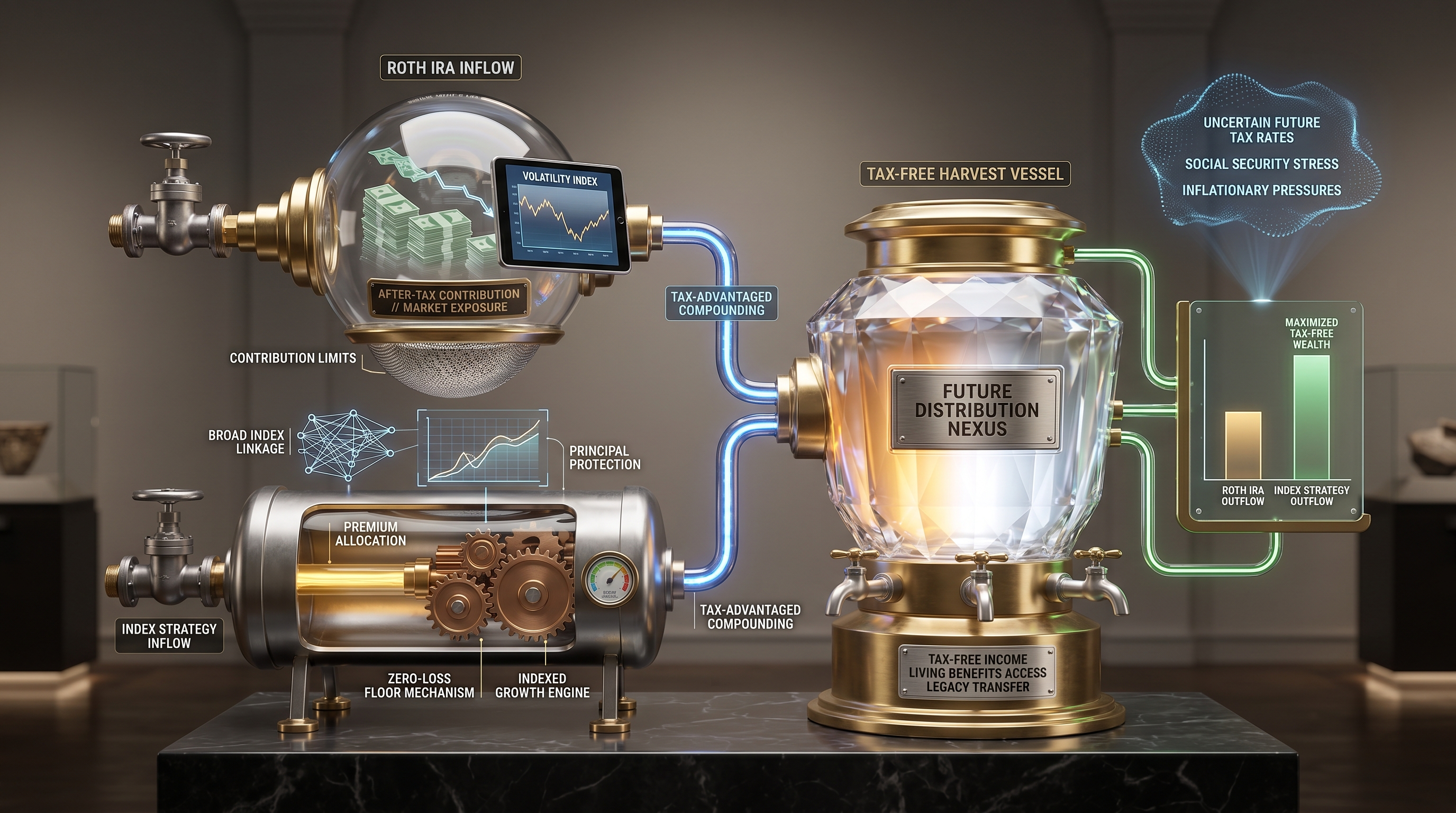 A photorealistic infographic exhibit showing the 'Tax-Advantaged Retirement Architect' apparatus. It features sections for Roth IRA contributions with market exposure and volatility, and Index Strategy Inflow with a zero-loss floor and indexed growth engine. Both feed into a 'Tax-Free Harvest Vessel' for optimal tax-free distribution, illustrating advanced financial planning for retirement at Everence Wealth.
