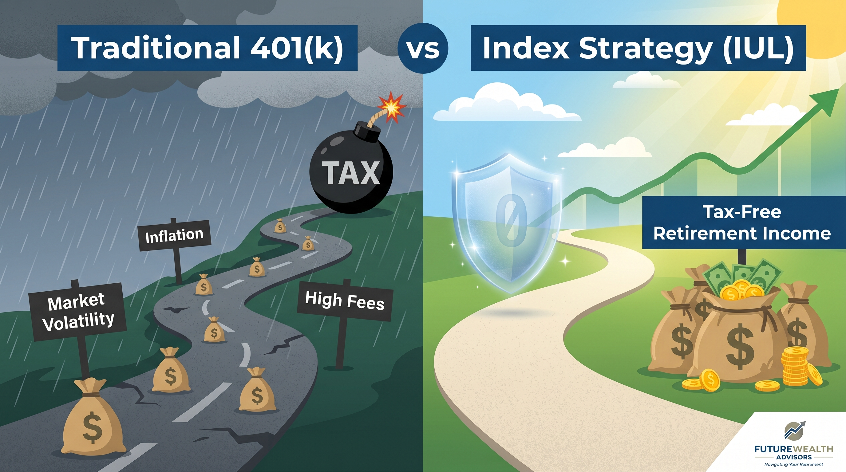 Everence Wealth IUL vs 401(k) comparison for 2026, illustrating tax-free retirement wealth growth strategies.